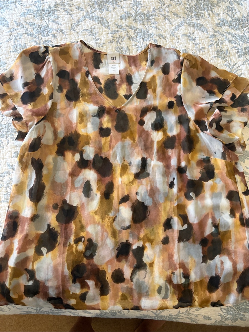 CAbi Multicolor Abstract V-Neck Short Sleeve Blouse in Mustard, Brown, Black